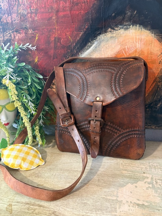 Hand Crafted Handbags - Handcrafted Brown Leather Embossed Crossbody Bag